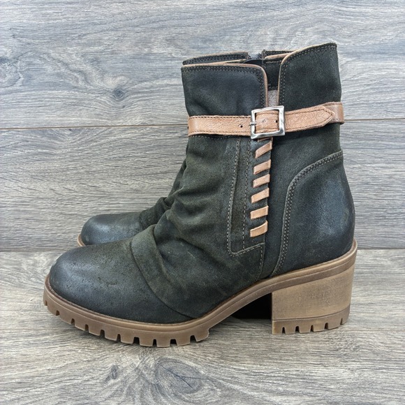 Miz Mooz Mandy Ankle Boots US 8.5 Olive Green Suede Leather Buckle Block Heel - Picture 1 of 8